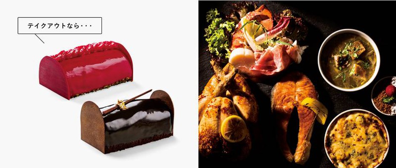 ワンランク上のクリスマスを演出する特別メニュー。「ブッシュ ヴェルメイユ」14cm 4000円(左上)、「ブッシュ トローン」14cm 4000円(左下)。そして、ローストチキンをメインにした「クリスマスパーティー セット」。2名分1万4000円(ローストビーフの場合は1万7000円)。予約は12月18日まで。パーティーセットはご利用日の4日前まで。