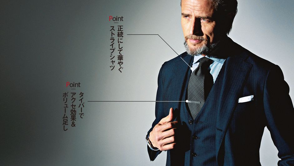 スーツ13万円(ビームス ハウス 丸の内)シャツ2万2000円/ソブリン、タイ1万4000円/フィオリオ(ともにユナイテッドアローズ 原宿本店 メンズ館)、タイバー9000円/フェアファクス(フェアファクスコレクティブ)
