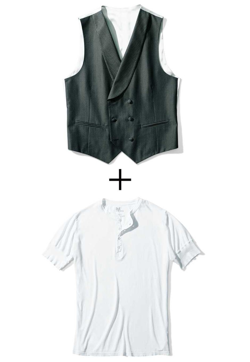 上●イタリア的色気を醸すTシャツオヤジの味方です。下●上質素材による柔らかさでリラックス♪ ジレ、Tシャツともに上と同じ。