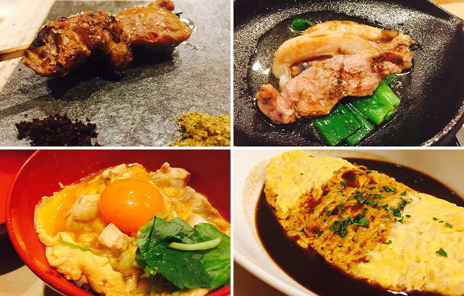 左上●親鶏の脂肝 右上●鴨焼きしゃぶ 左下●〆の親子丼 右下●元祖オムライス