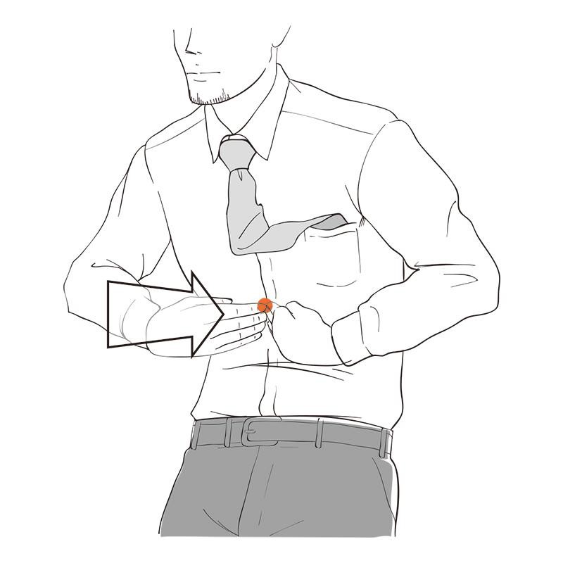 消化不良で胃が痛い場合は、胃の上にあるツボ(中脘)を、ゆっくり強めに何度か押す。