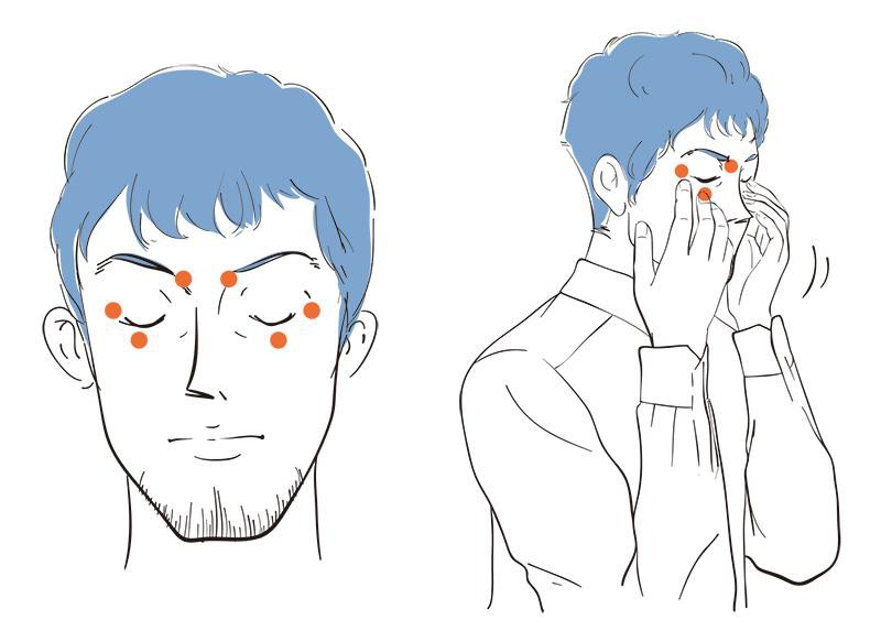 目を閉じ、「気分の落ち込みの原因」になっていることをしっかり思い浮かべながら、人差し指と中指で、眉頭(攅竹)、目尻(瞳子髎)、目の下(承泣)、それぞれの骨の内側の際のツボを軽くタッピングする。ポンポンと叩きながら、「気分の落ち込みの原因」が細かく砕けて散るイメージを思い浮かべる。しっかり散ったと思ったら、タッピングをやめ、「ふうー」と大きく息を吐く。これを何度か続け、気持ちがスッキリして前向きになってきたら、改めてそれをキープしつつタッピングをする。