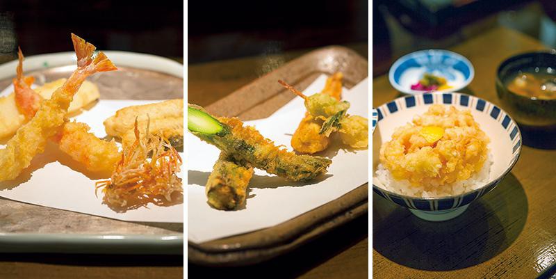 天丼、アスパラ、銀杏、絹さや、まき海老、墨イカ、メゴチ