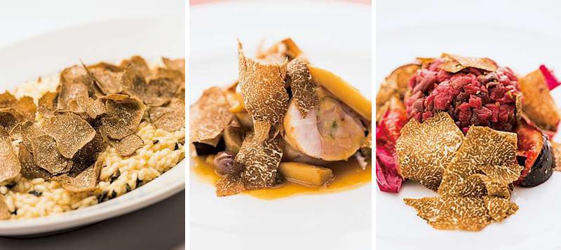 左●リゾット×トリュフ中 左から、うさぎのタジャスカ・オリーブとケッパー、キノコのリグーリア風