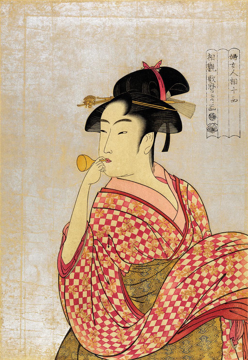 喜多川歌麿作「ビードロを吹く娘」。瓜実顔の美人