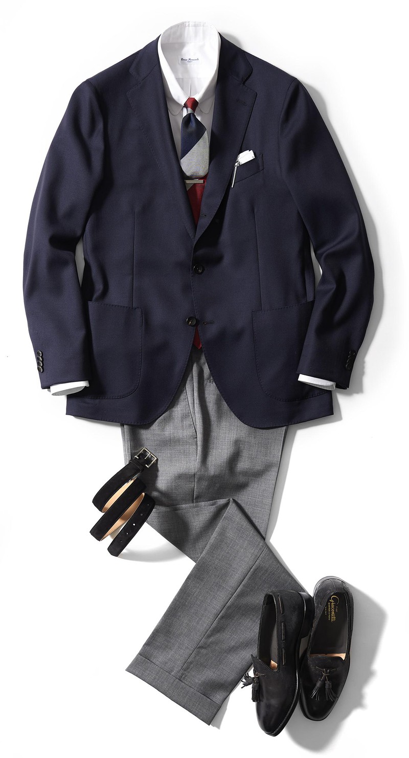 ジャケット9万5000円/ラルディーニ(ストラスブルゴ)、シャツ2万5900円/エリコ フォルミコラ、タイ1万1000円/シップス(ともにシップス 銀座店)、パンツ2万8000円/ジーティーアー(八木通商)、チーフ4000円、タイバー9000円/ともにフェアファクス(フェアファクスコレクティブ)、ベルト1万5000円/ユナイテッドアローズ(ユナイテッドアローズ 六本木ヒルズ店)、靴10万5000円/フラテッリ ジャコメッティ(ラ ガゼッタ 1987 青山店)、ペン8万円/エス・テー・デュポン(エス・テー・デュポン銀座ブティック)