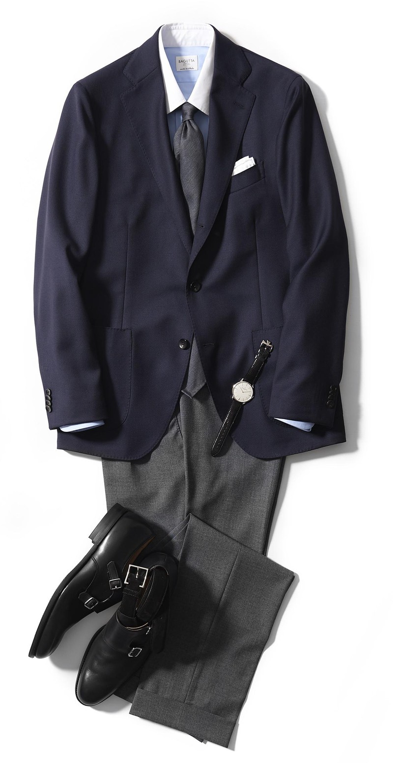 ジャケット9万5000円/ラルディーニ(ストラスブルゴ)、シャツ2万8000円/バグッタ(トレメッツォ)、タイ2万9000円/アット ヴァンヌッチ、靴7万6000円/クロケット&ジョーンズ(ともにバーニーズ ニューヨーク カスタマーセンター)、パンツ4万5000円/ボリオリ(ボリオリ 東京店)、チーフ4000円/フェアファクス(フェアファクスコレクティブ)、ベルト1万5000円/ユナイテッドアローズ(ユナイテッドアローズ 六本木ヒルズ店)、時計209万円/ヴァシュロン・コンスタンタン