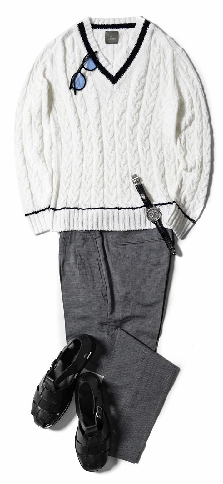 チルデンニット4万8000円/アルフレッド(リング東京店)、パンツ3万5000円/デヴォレ インチピット(??????)、サングラス4万7000円/アイヴァン 7285(アイヴァン 7285 トウキョウ)、時計103万円/ゼニス(ゼニス)、靴3万4000円/パラブーツ(パラブーツ青山店)