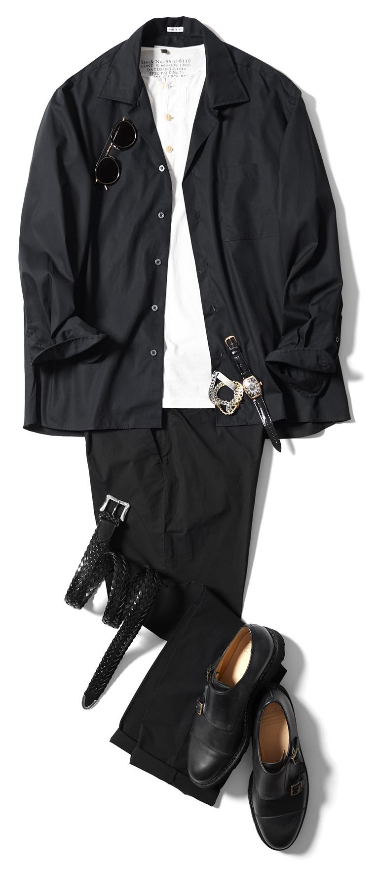 シャツ2万5000円/インディビアライズド シャツ(ユーソニアングッズストア)、ヘンリーTシャツ7500円/ナイジェル・ケーボン(アウターリミッツ)、パンツ2万6000円/ジャブス アルキヴィオ(エフイーエヌ)、時計205万円/フランク ミュラー(フランク ミュラー ウォッチランド東京)、サングラス4万8000円/アイヴァン 7285(アイヴァン 7285 トウキョウ)、ブレスレット14万2000円/バニー(ディプトリクス)、靴6万8000円/パラブーツ(パラブーツ青山店)