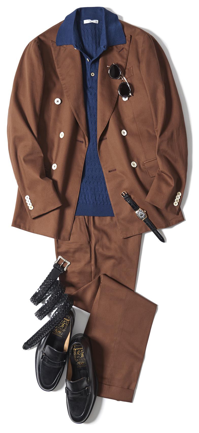 スーツ19万円／パイデア（バインド ピーアール）、ポロシャツ2万9000円／チルコロ 1901（トヨダトレーディング プレスルーム）、サングラス4万8000円／アイヴァン 7285（アイヴァン 7285 トウキョウ）、時計205万円／フランク ミュラー（フランク ミュラー ウォッチランド東京）、ベルト4万4000円／J &M デヴィッドソン（リング東京店）、靴6万4000円／ロイヤル ジョージ ブリッジ（ハイブリッジ インターナショナル）