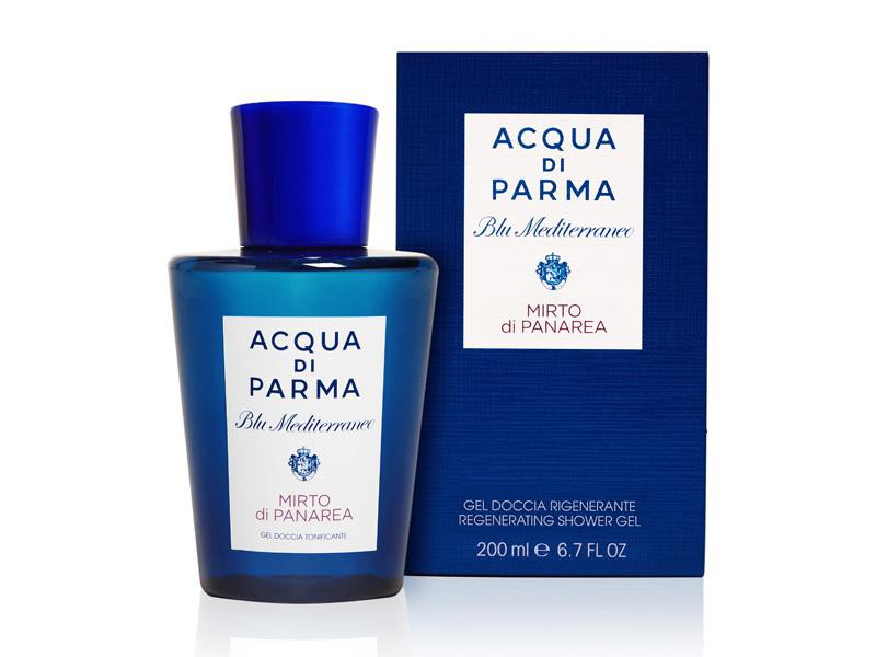 アランチャ、フィーコ、ミルト、ベルガモット、キノットの5種類の香りから選べる「ブルー メディテラネオ」のシャワージェル。200ml 7020円。オーデトワレも同じブルーのボトルで5種類あり。75ml 1万3500円