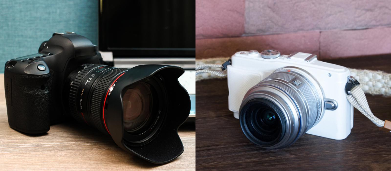 一眼レフカメラ（左）と、マイクロフォーサーズサイズのミラーレスカメラ（右）。