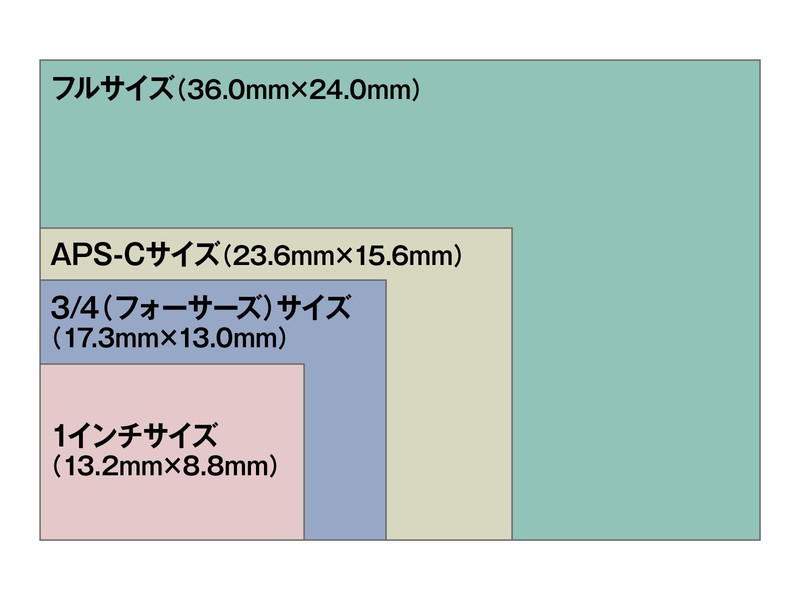 フィルムからデジカメへの過渡期の中で生まれた規格「35mmフルサイズ」。その他のセンサーサイズ(1インチ、フォーサーズ、APS-C)と比較すると、その大きさは圧倒的。