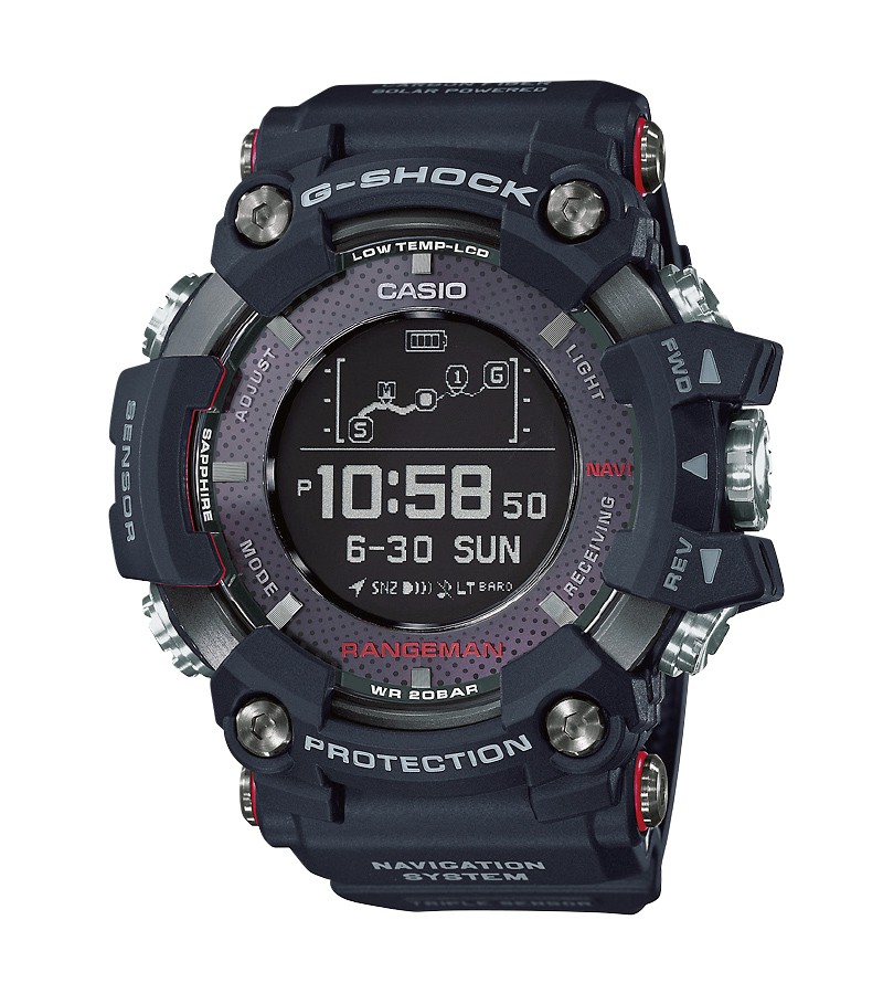 「GPR-B1000-1JR」クオーツ、樹脂×SSケース(60.3×57.7㎜)、カーボンファイバーインサートバンド。20気圧防水。10万円/Gショック(カシオ計算機 お客様相談室)※2018年1月30日時点、カシオ調べ