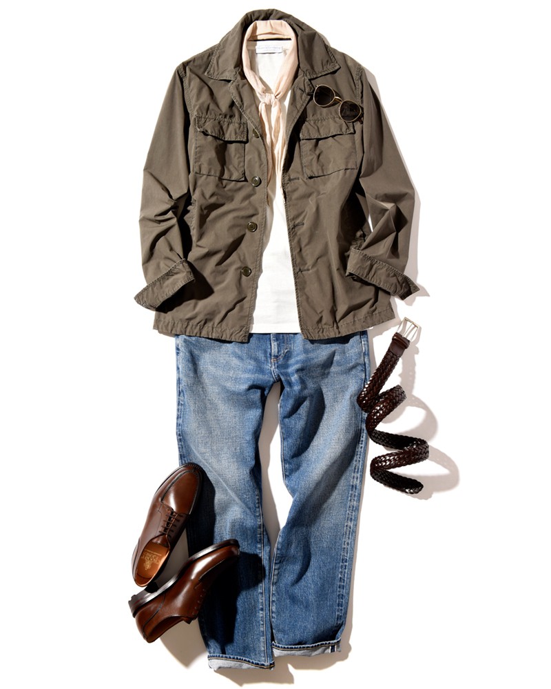 ▲シューズ8万円/クロケット&ジョーンズ(グリフィンインターナショナル)、ブルゾン7万9000円/アスペジ、Tシャツ1万5000円/フィリッポ デ ローレンティス(ともにトヨダトレーディング プレスルーム)、デニム3万5000円/フォロー(バーニーズ ニューヨーク カスタマーセンター)、サングラス3万6000円/アイヴァン(アイヴァン PR)、ベルト2万円/アンダーソンズ(フローエンス トーキョー)、スカーフはスタイリスト私物