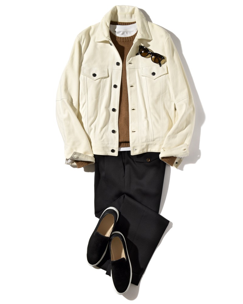 ▲ブルゾン12万5000円/エンメティ(リング 東京店)、ニット3万5000円/ドルモア(バインド ピーアール)、パンツ4万円/PT TORINO(シップス 銀座店)、Tシャツ1万9000円/フェデリ(トレメッツォ)、サングラス3万円/グローブスペックス(グローブスペックス エージェント)、靴4万4000円/C.QP(アイネックス)