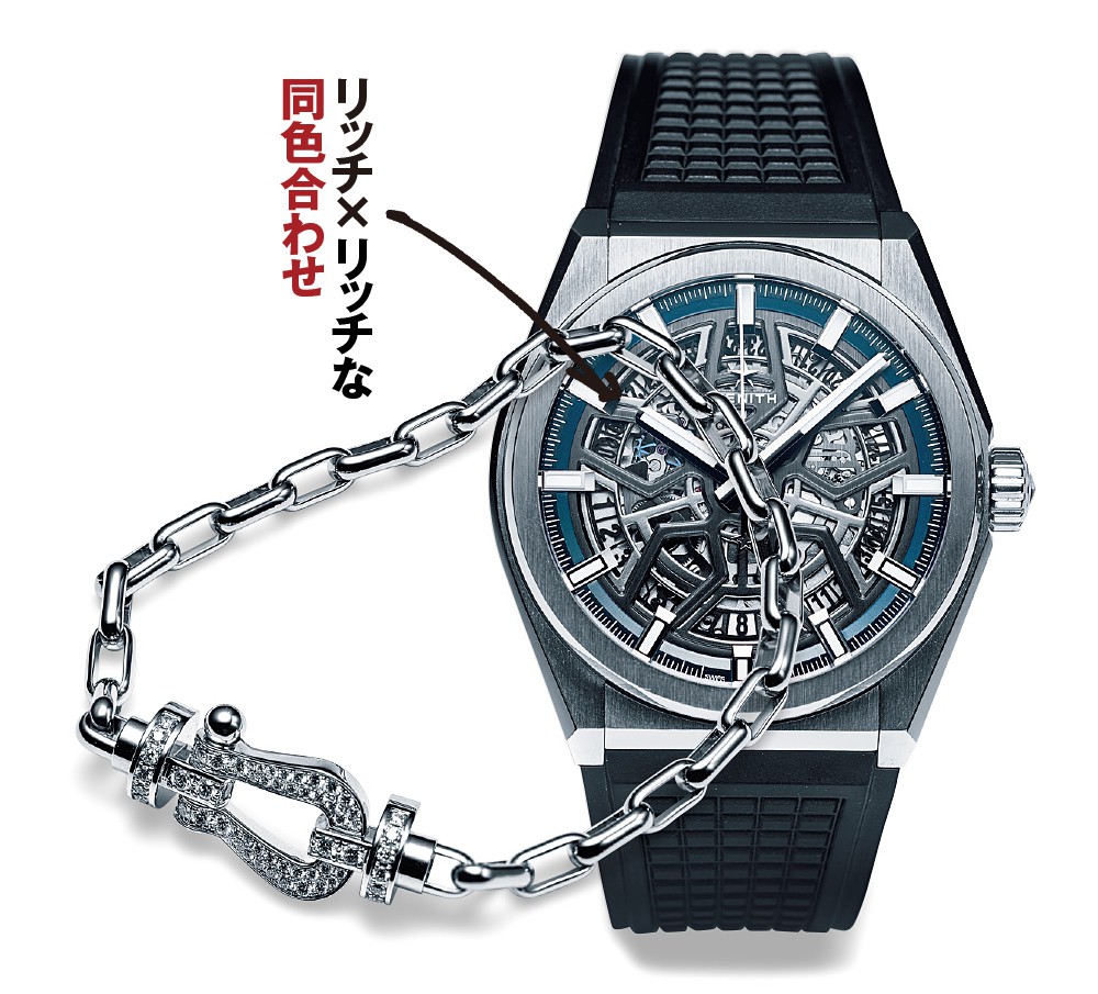 ブレスレット138万4000円/フレッド、時計73万円/ゼニス