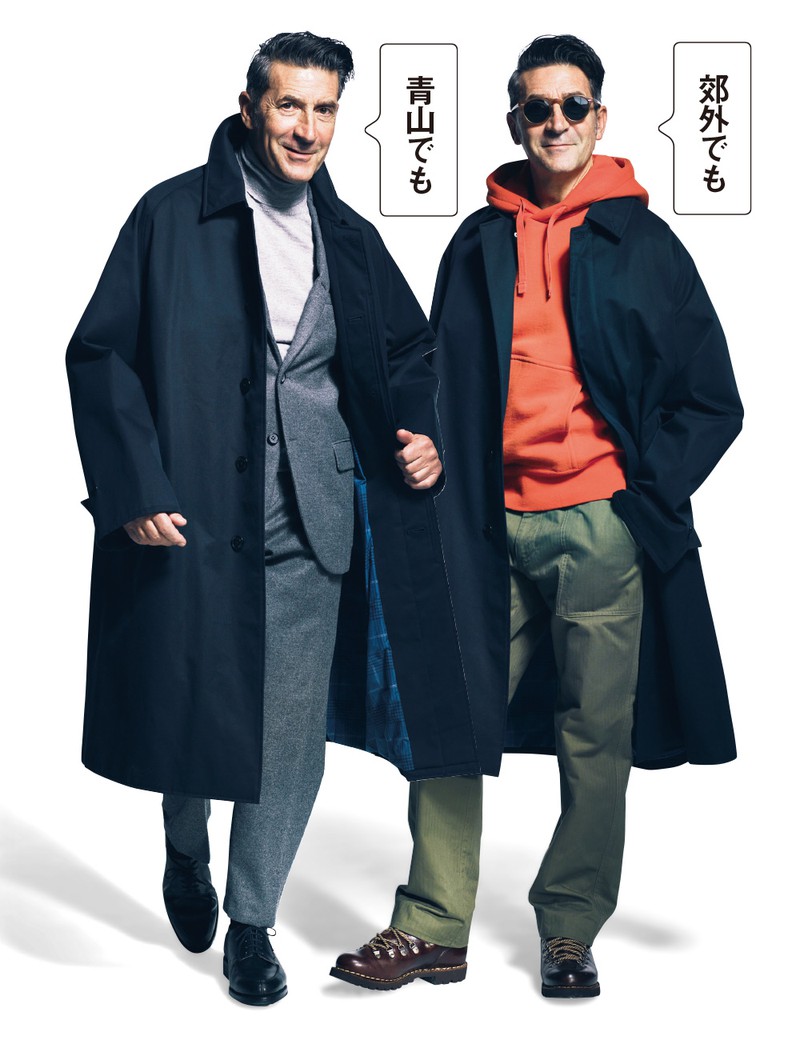 右●パーカ1万9000円/ブルーワーク(トゥモローランド)、パンツ2万6000円/ウールリッチ(ウールリッチ 青山店)、サングラス3万3200円/オリバーピープルズ(オリバーピープルズ 東京ギャラリー)、靴6万8000円/パラブーツ(パラブーツ青山店) 左●ジャケット5万円、パンツ2万8000円/ともにトゥモローランド、ニット3万7000円/カナーリ(コロネット)、靴7万8000円/クロケット&ジョーンズ(グリフィンインターナショナル)