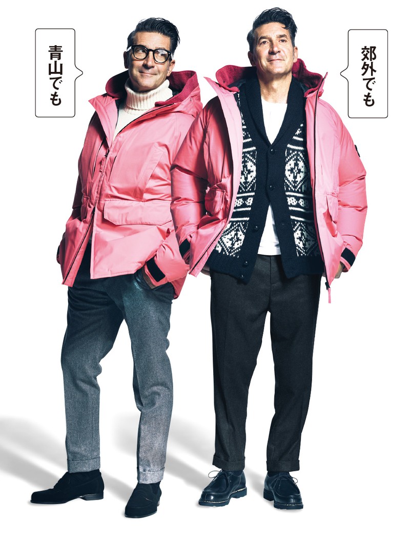 右●ブルゾン17万8000円/ストーンアイランド、ニット4万8000円/ラッファ モリーナ(エスディーアイ)、Tシャツ7000円/マッキントッシュ ロンドン(SANYO SHOKAI)、パンツ2万6000円/ウールリッチ(ウールリッチ 青山店)、靴6万5000円/パラブーツ(パラブーツ青山店) 左●ニット12万円/リングヂャケット ナポリ(リングヂャケットマイスター206 青山店)、パンツ4万3000円/インコテックス(ストラスブルゴ)、メガネ3万3000円/オリバーピープルズ(オリバーピープルズ 東京ギャラリー)、靴8万9000円/フラテッリ ジャコメッティ(ウィリー)