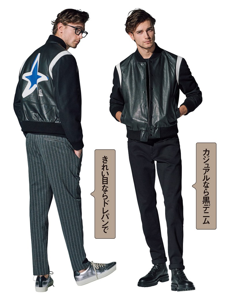 ブルゾン11万5000円／ボス（ヒューゴ ボス ジャパン）　右●Tシャツ1万4000円、デニム1万9000円／ともにボス（ヒューゴ ボス ジャパン）、ブーツ13万8000円／ジャンヴィト ロッシ（ジャンヴィト ロッシ ジャパン）　左●パンツ2万8000円／ジャブスアルキヴィオ（エフイーエヌ）、メガネ4万4000円／アイヴァン 7285（アイヴァン 7285 トウキョウ）、靴5万円／ボス（ヒューゴ ボス ジャパン）