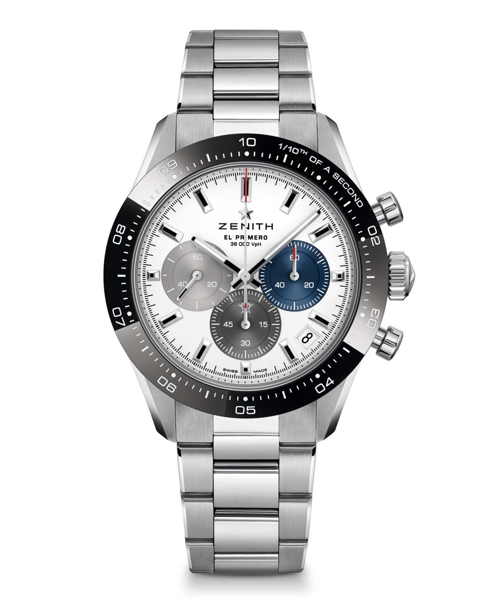▲ 「クロノマスター スポーツ」自動巻き、SSケース(41mm)×ブレスレット。10気圧防水。106万円/ゼニス