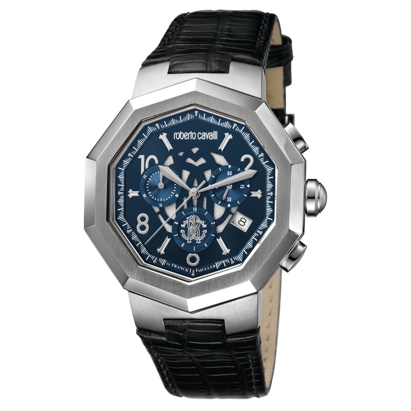 ▲ 「RV1G003L0011」ケース径44mm、SSケース、レザーストラップ、5気圧防水、クォーツ。12万5400円（税込）／ロベルト カヴァリ バイ フランク ミュラー（ミスズ）