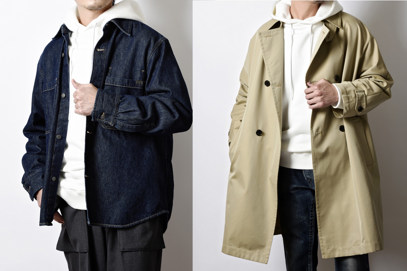 ▲ 左:パーカ3万8800円/ヴェルヴェット バイ スタンバーグ(アダストリアカスタマーサービス)、シャツ3万800円/ディーゼル(ディーゼル ジャパン)、パンツ3万8280円/レインメーカー、右:パーカ3万8800円/ヴェルヴェット バイ スタンバーグ(アダストリアカスタマーサービス)、コート5万9400円/トラディショナル ウェザーウェア(トラディショナル ウェザーウェア 青山メンズ店)、デニム5万8300円/ロンハーマン デニム(ロンハーマン)