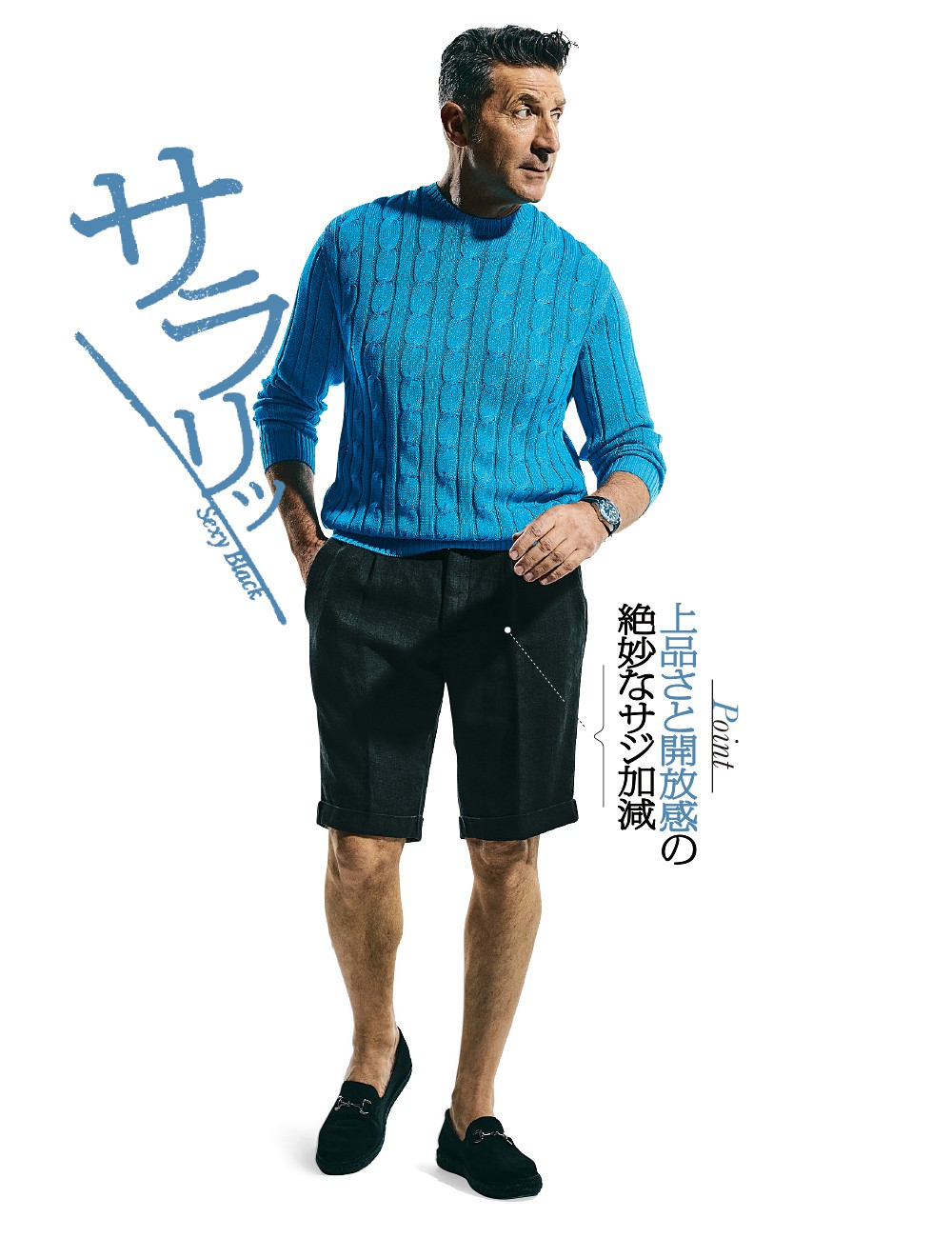 ▲ ショーツは下と同じ、ニット3万5200円/ラッファ モリーナ(エスディーアイ)、時計36万5200円/チューダー(日本ロレックス / チューダー)、靴1万3200円/アルフレッド・バニスター×ガイモ(アルフレッド・バニスター 代官山店)
