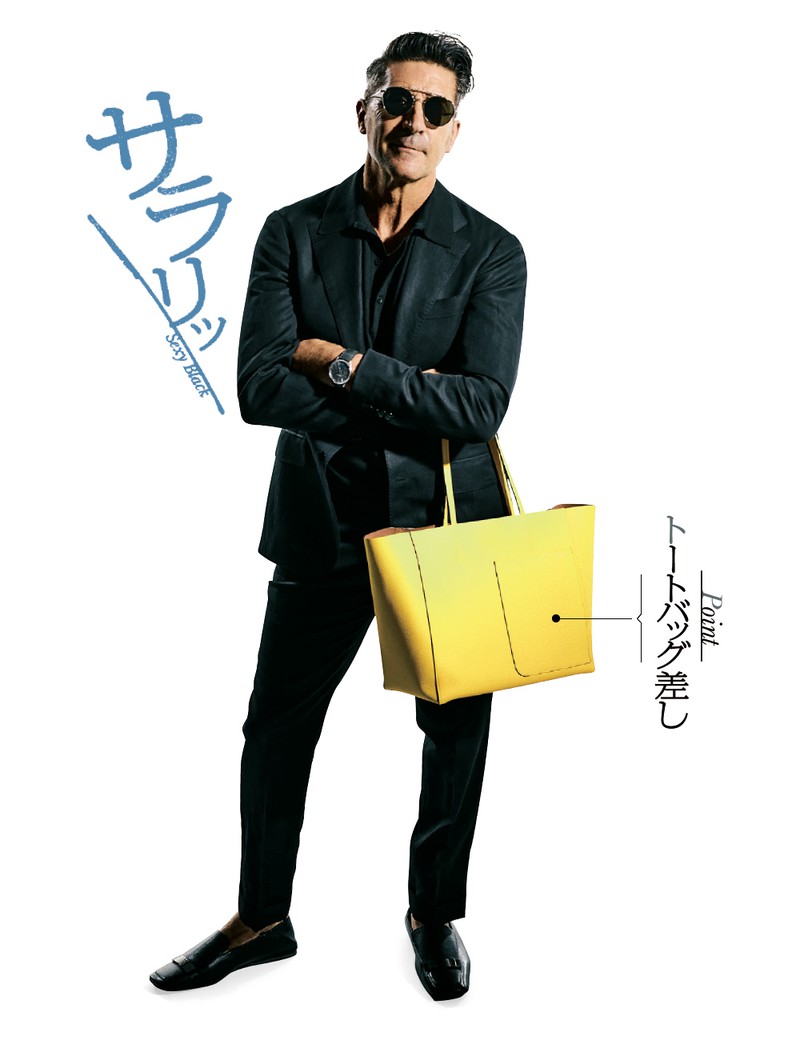 バッグ24万5300円/ヴァレクストラ(ヴァレクストラ・ジャパン)、スーツ7万9200円/リングヂャケット×ナノ・ユニバース(ナノ・ユニバース カスタマーサービス)、ニットポロ2万6400円/トゥモローランド トリコ(トゥモローランド)、サングラス5万7200円/アーレム(グローブスペックス エージェント)、時計80万3000円/ゼニス、靴9万7900円/セルジオ ロッシ(セルジオ ロッシ カスタマーサービス)