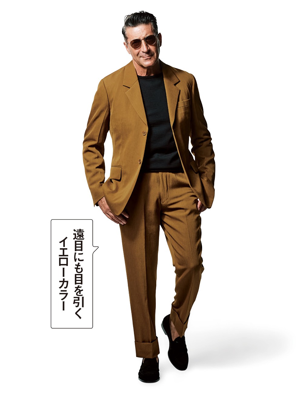 ジャケット9万9000円、パンツ3万9600円/ともにポール・スミス(ポール・スミス リミテッド)、ニット2万6400円/スローン、サングラス4万700円/フォーナインズ・フィールサン(フォーナインズ)、靴9万7900円/フラテッリ ジャコメッティ(ウィリー)