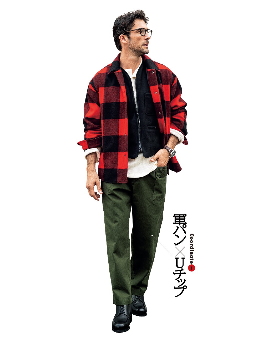 シャツ6万4900円/トラディショナル ウェザーウェア(トラディショナル ウェザーウェア 青山店)、パンツ4万9500円、ベスト4万4000円/ともにアスペジ(トヨダトレーディング プレスルーム)、カットソー2万4200円/コラム(エストネーション)、メガネ3万1800円/アイヴァン(アイヴァン 東京ギャラリー)、時計160万500円/IWC
