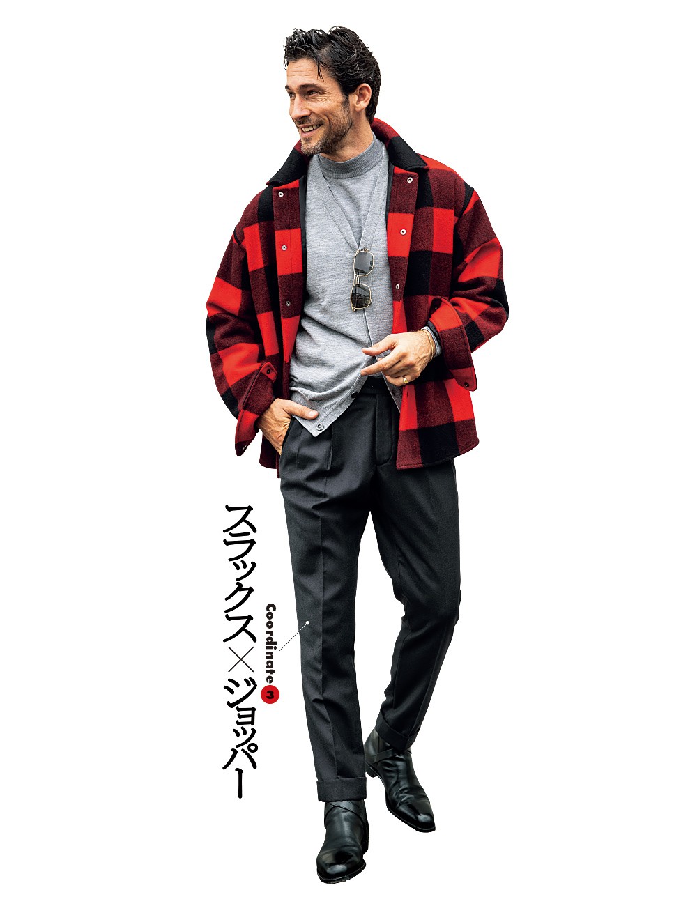 シャツ6万4900円/トラディショナル ウェザーウェア(トラディショナル ウェザーウェア 青山店)、パンツ3万6300円/GTA(ビームス 六本木ヒルズ)、ニット3万1000円、カーディガン3万4000円/ともにジョン スメドレー(リーミルズ エージェンシー)、サングラス4万9500円/モスコット(モスコット トウキョウ)、ブレスレット16万5000円、リング12万8700円/ともにシンパシー・オブ・ソウル(S.O.S fp 恵比寿本店)
