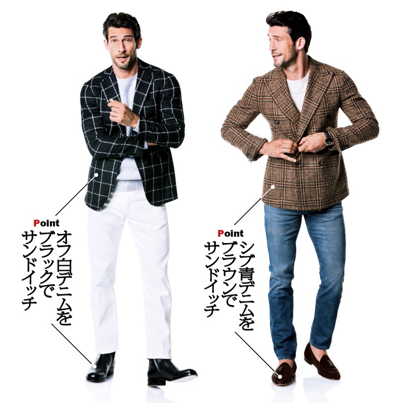 ジャケットのペーンで白を拾った技ありなモノトーンコーデ。デニム3万7400円／カンタータ（カルネ）、ジャケット11万円／ブリッラ ペル イル グスト（ビームス 六本木ヒルズ）、ニット8万300円／グランサッソ（エスディーアイ）、ブーツ17万6000円／ジェイエムウエストン（ジェイエムウエストン 青山店）　右●柄ジャケも革靴との色合わせで、簡単にこなせます。デニム3万1900円／シヴィリア（ストラスブルゴ）、ジャケット18万9200円／ドッピア アー（コロネット）、ニット10万1200円／ホイコ（ウールン商会）、靴3万5200円／ポルペッタ（シップス 銀座店）、ネックレス9万4600円、ブレスレット4万9500円※価格は地金相場により変動／ともにビジュピコ（ビジュピコ 上野御徒町本店）、時計237万6000円／ヴァシュロン・コンスタンタン
