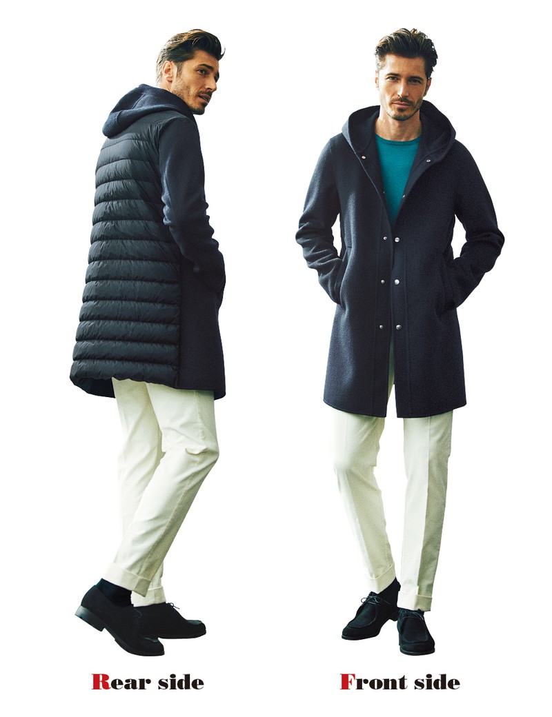 コート19万5800円/ヘルノ(ヘルノ・ジャパン)、ニット2万4200円/グランサッソ(エスディーアイ)、パンツ2万9700円/ジェルマーノ(ビームス 六本木ヒルズ)、靴3万7400円/ポルペッタ × シップス(シップス 銀座店)
