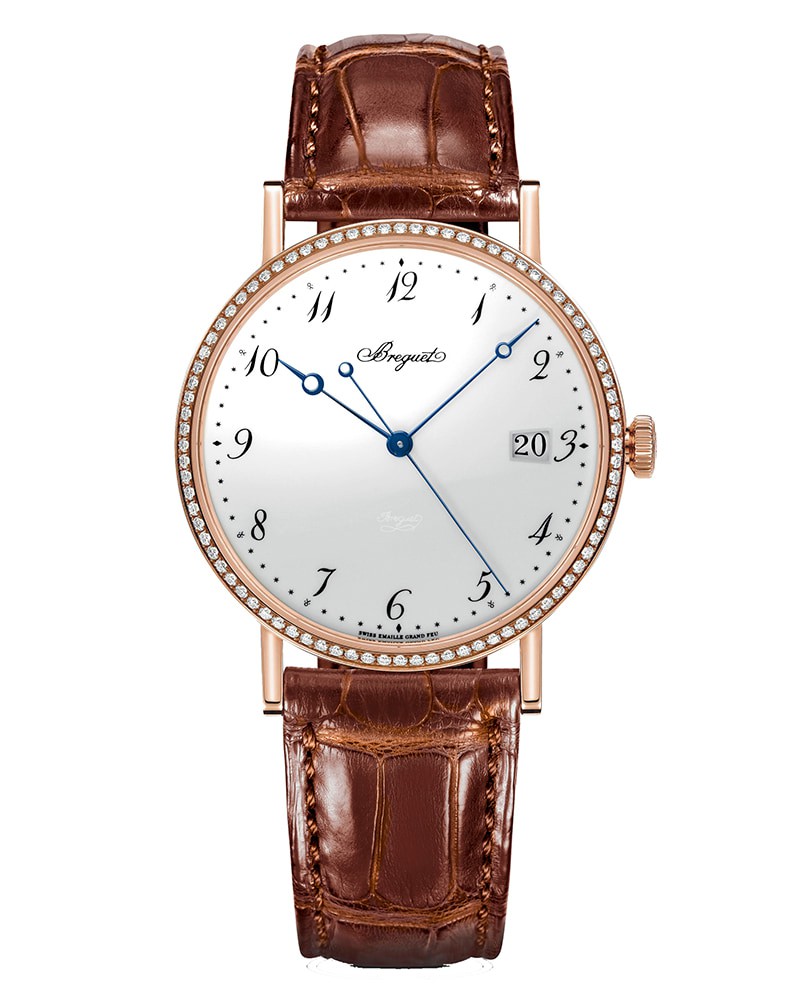 ▲ 「クラシック5177」自動巻き、18Kローズゴールドケース(38mm)、アリゲーターストラップ。3気圧防水。276万1000円/ブレゲ(ブレゲ ブティック銀座)