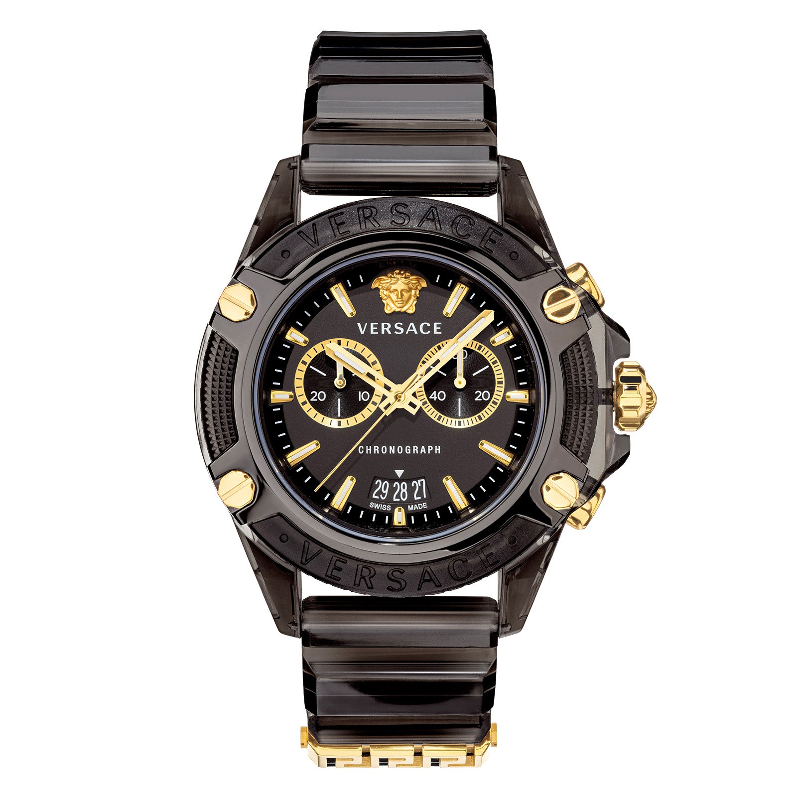▲ 「VEZ700421」クォーツ、日常生活防水、ポリカーボネイトケース(44mm)、ポリウレタンバンド。10万6700円/ヴェルサーチェウォッチ(ウエニ貿易)