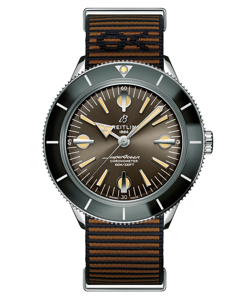 ▲ 「スーパーオーシャン ヘリテージ '57 アウターノウン」自動巻き、SSケース(42mm)、ECONYL®ヤーン NATOストラップ。100m防水。54万4500円/ブライトリング(ブライトリング・ジャパン)