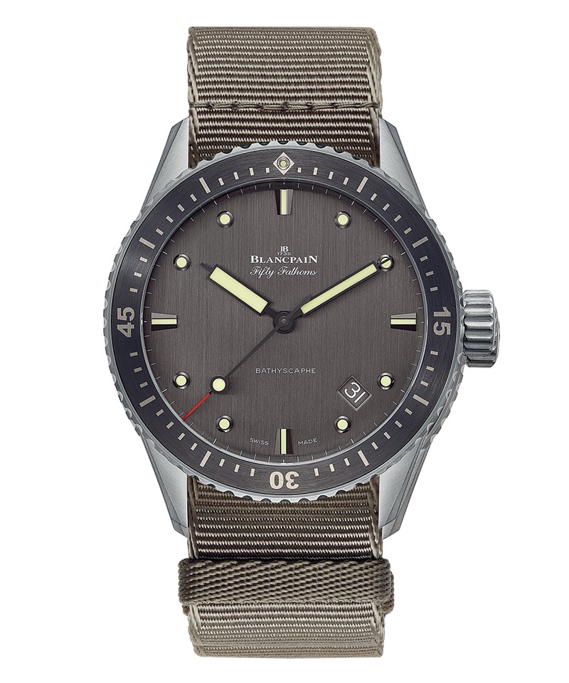 ▲ 「フィフティ ファゾムス バチスカーフ」自動巻き、Tiケース(43mm)、NATOストラップ、30気圧防水。125万4000円/ブランパン(ブランパン ブティック銀座)