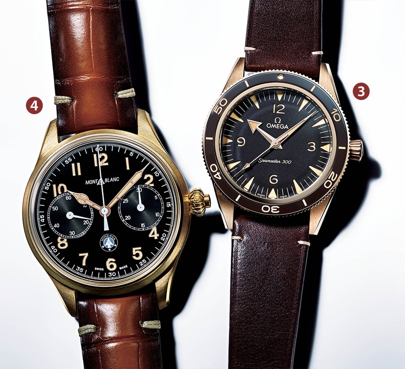 ▲ 右から、「シーマスター 300」自動巻き、ブロンズゴールドケース（41mm）、レザーストラップ。300m防水。136万4000円／オメガ（オメガお客様センター）、「モンブラン 1858 モノプッシャー クロノグラフ オリジンズ リミテッド エディション100」手巻き、ブロンズ合金ケース（46.0mm）、アリゲーターストラップ。3気圧防水。世界限定100本。367万7300円／モンブラン（モンブラン コンタクトセンター）