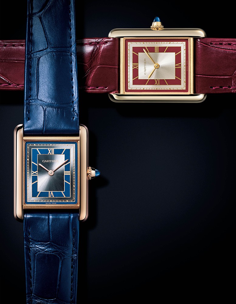 ▲ 「タンク ルイ カルティエ」手巻き、上●18KYGケース・左●18KPGケース(33.7×25.5mm)、アリゲーターストラップ。各163万6800円/カルティエ(カルティエ カスタマー サービスセンター)