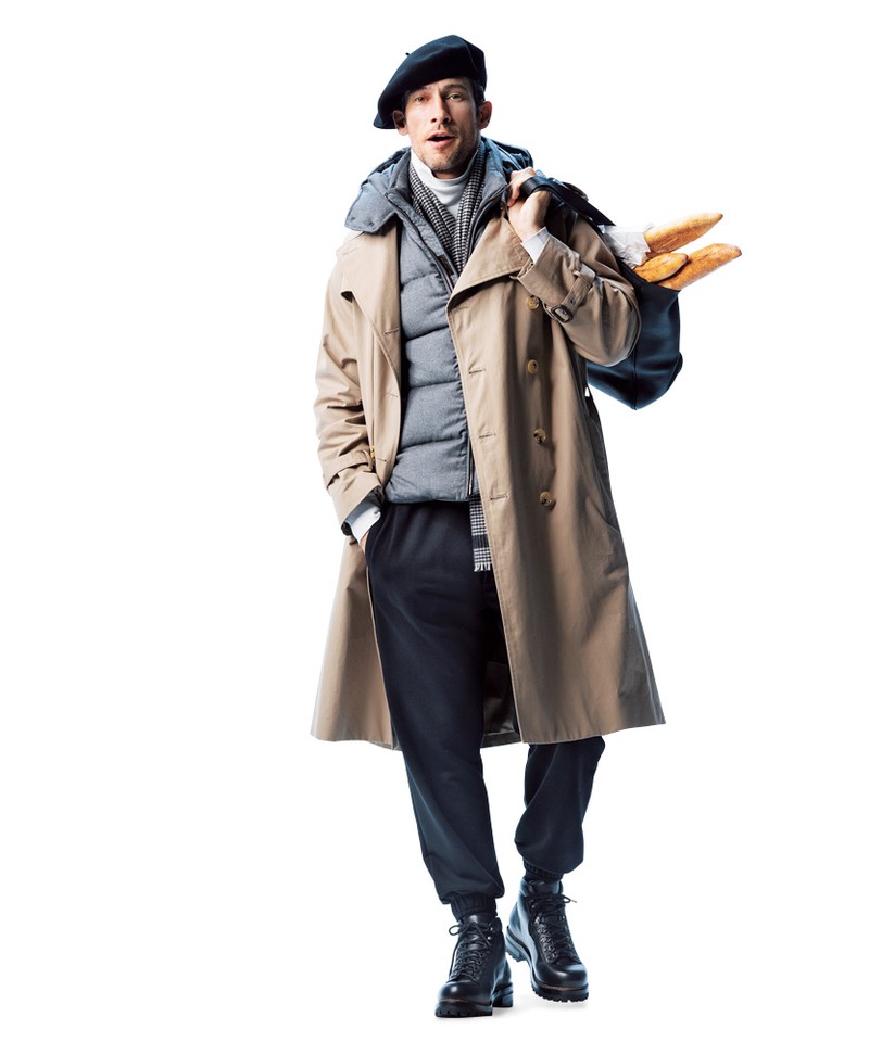 ▲ コート15万9500円／マッキントッシュ（マッキントッシュ青山店）、ダウンベスト17万6000円／ムーレー（コロネット）、ニット3万3000円／ジョン スメドレー（リーミルズ　エージェンシー）、マフラー3万8500円／ベグ アンド コー（ボーダレス）、パンツ3万1900円／ピーティー トリノ（PT JAPAN）、ブーツ12万9800円／フラテッリ ジャコメッティ/マルモラーダ（ウィリー）、帽子1万3200円／ロレール（クオリネスト）、バッグ8万5800円／シャルル・エ・シャルリュス（ジェネラル・バス）