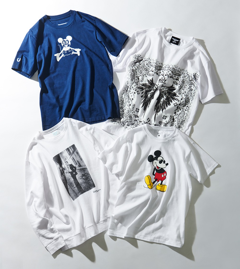 右上●Tシャツ1万5400円／ボーイロンドン、左上●Tシャツ1万7600円／ホワイトマウンテニアリング、右下● Tシャツ1万9800円／V12、左下●Tシャツ1万7600円／ザ インターナショナル イメージズ コレクション