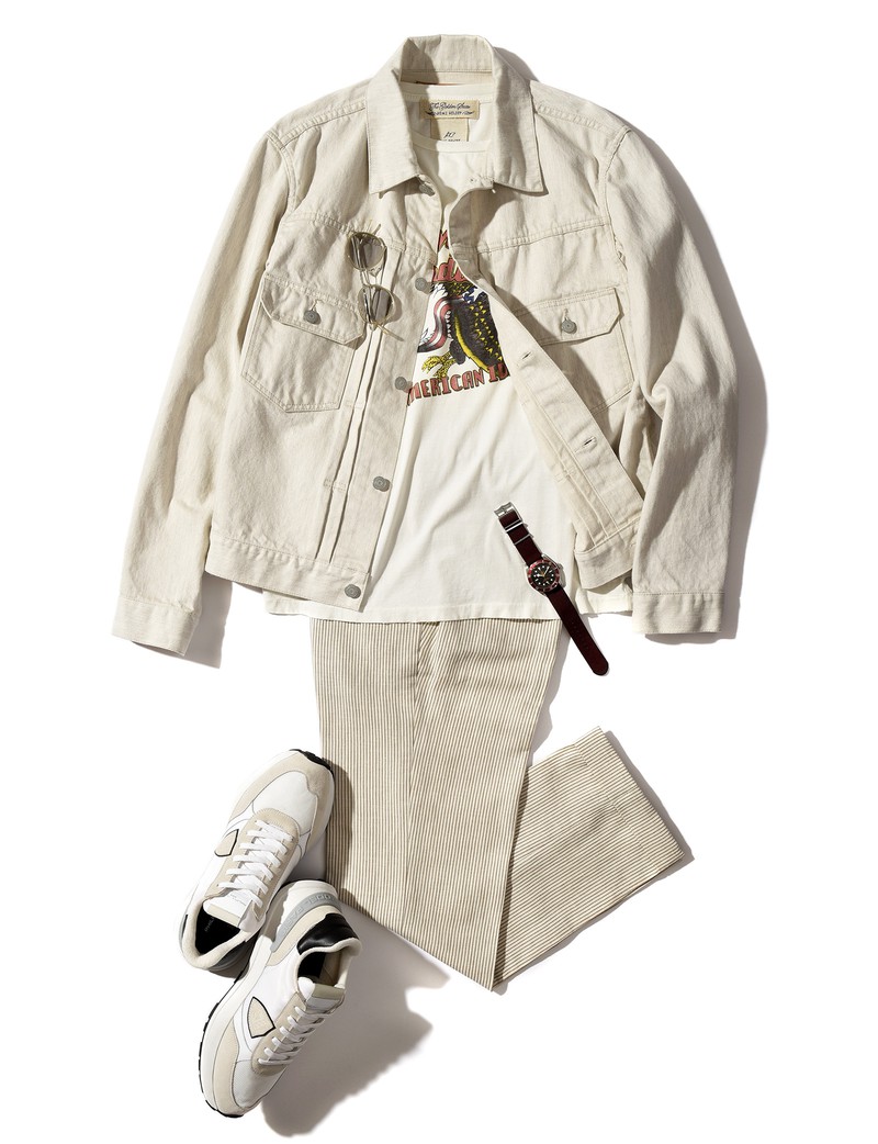 ▲ Gジャン3万1900円/サイベーシックス(マスターピース ショールーム)、Tシャツ9790円/レミ レリーフ(ユナイト ナイン)、パンツ3万5200円/ジェルマーノ(バインド ピーアール)、サングラス3万9600円/アイヴァン(アイヴァン 東京ギャラリー)、時計40万7000円/チューダー(日本ロレックス/チューダー)、スニーカー4万9500円/フィリップモデル(トヨダトレーディング プレスルーム)