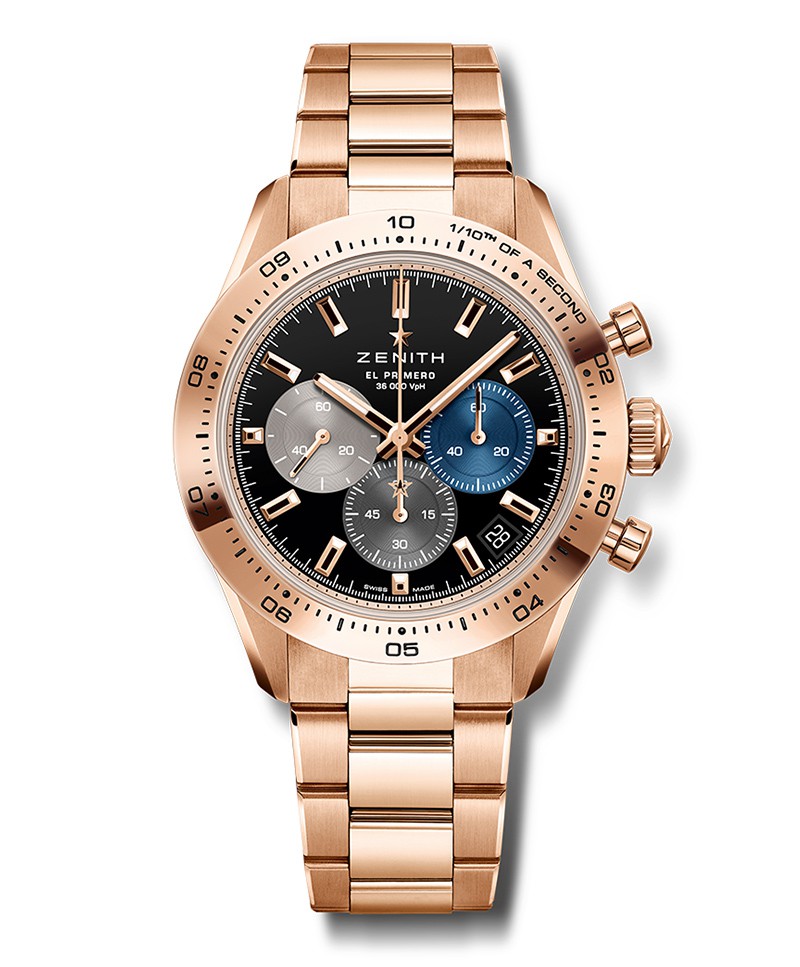 「クロノマスター スポーツ」自動巻き、18Kローズゴールド×ブレスレット。10気圧防水。440万3000円／ゼニス