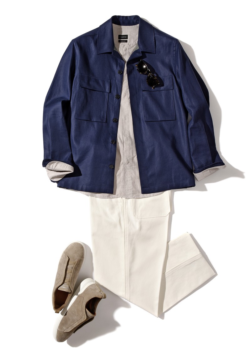 ▲ シャツジャケット13万2000円、シャツ7万400円、パンツ11万9900円、サングラス3万6330円、スニーカー9万2400円/すべてゼニア(ゼニア カスタマーサービス)