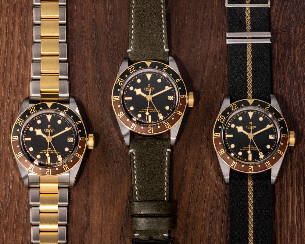 ▲ 左から「ブラックベイ GMT S＆G」自動巻き、SS＆18KYGケース（41mm）×ブレスレット、200m防水。63万4700円。レザーストラップ・ファブリックストラップは49万600円。／すべてチューダー（日本ロレックス / チューダー）