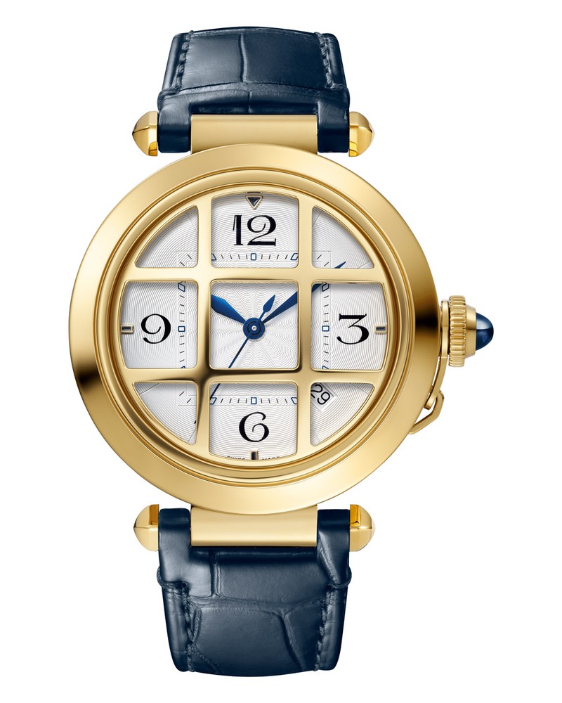 ▲「パシャ ドゥ カルティエ グリッド」自動巻き、18KYGケース(41mm)、アリゲーターストラップ(ブルーのアリゲーターストラップを付属)、100m防水。227万400円/カルティエ(カルティエ カスタマー サービスセンター)