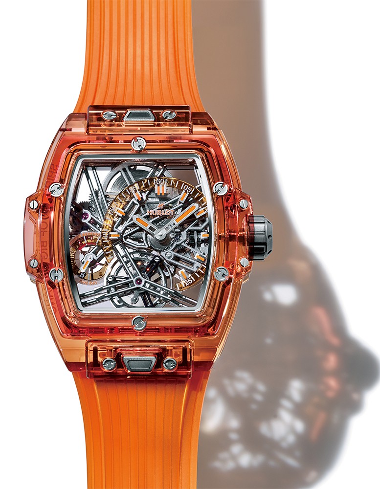 ▲ 「スピリット オブ ビッグ・バン トゥールビヨン 5デイ パワーリザーブ オレンジサファイア」手巻き、オレンジサファイアクリスタルケース(42㎜)、オレンジスケルトンストラップ。3気圧防水。世界限定50本。2145万円/ウブロ