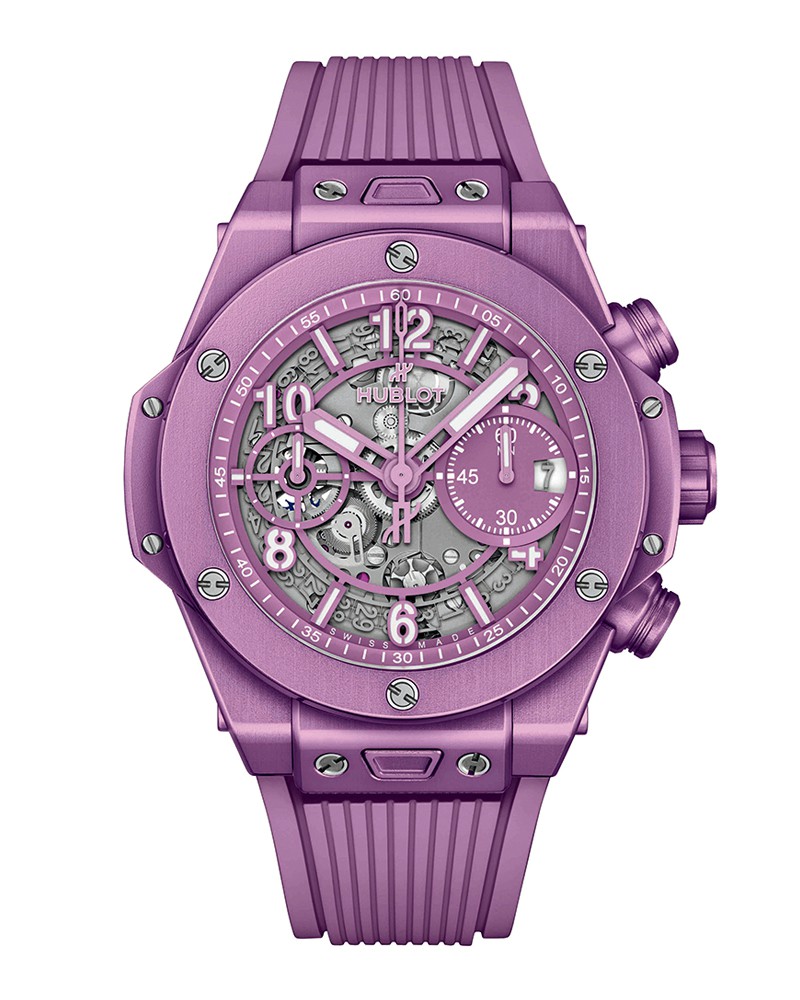 ▲ 「ビッグ・バン ウニコ サマー パープル」自動巻き、パープルアルミニウムケース(42㎜)、ラバーストラップ(ベルクロストラップが付属)。10気圧防水。世界限定200本。256万3000円/ウブロ