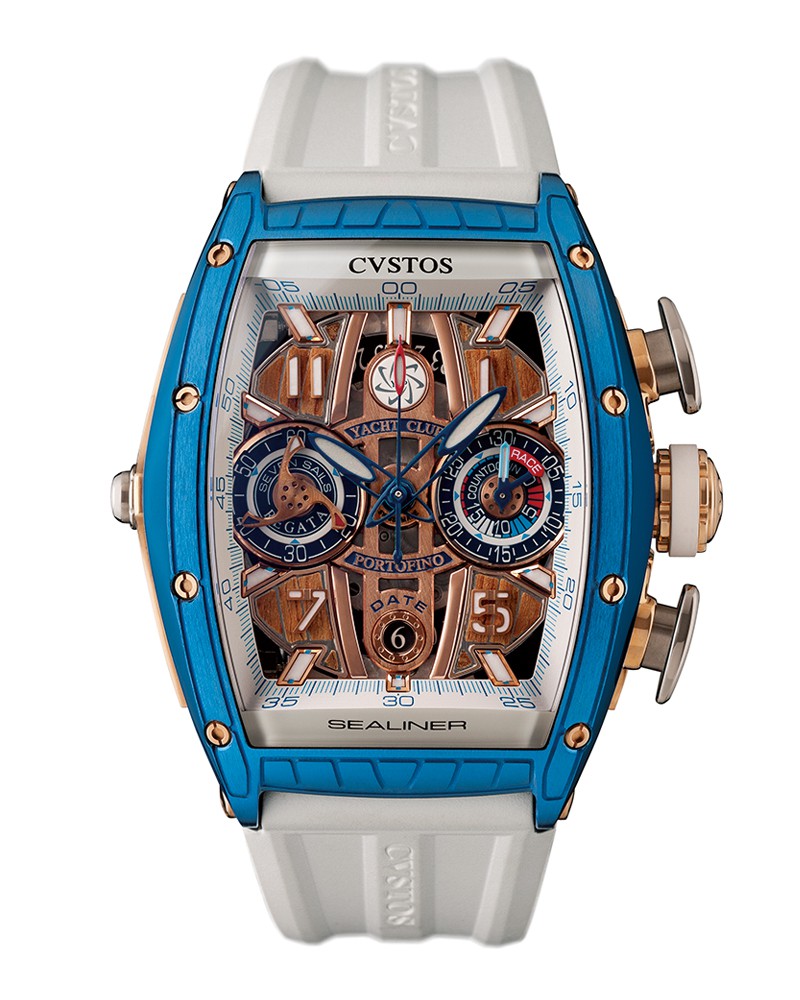 ▲ 「チャレンジ シーライナー レガッタ ポルトフィーノ」自動巻き、スカイブルー PVD加工のSS×18KRGケース(53.7×41㎜)、ラバーストラップ。100m防水。世界限定10本。今夏発売予定。313万5000円/クストス(フランク ミュラー ウォッチランド東京)